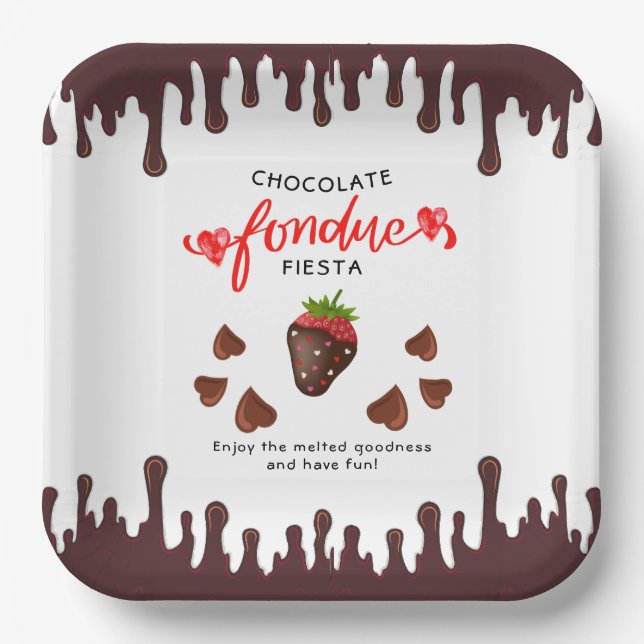 Assiettes En Carton Chocolat Fondue Fiesta Coeurs fraises Anniversaire (Recto)
