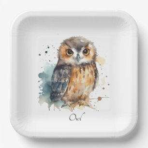 Assiettes En Carton Chouette mignonne en aquarelle personnalisable