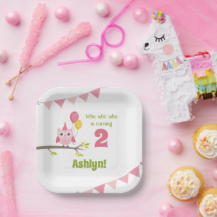 Assiettes En Carton Chouette Rose Qui Tourne 2 Deuxième Anniversaire