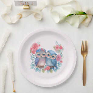 Assiettes En Carton Chouettes amoureuses Assis sur une branche d'arbre