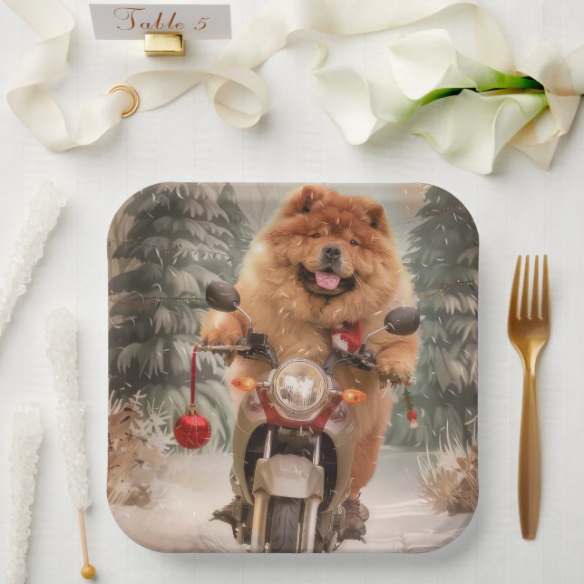 Assiettes En Carton Chow Chow Chien chevauchant la moto Noël (Mariage)