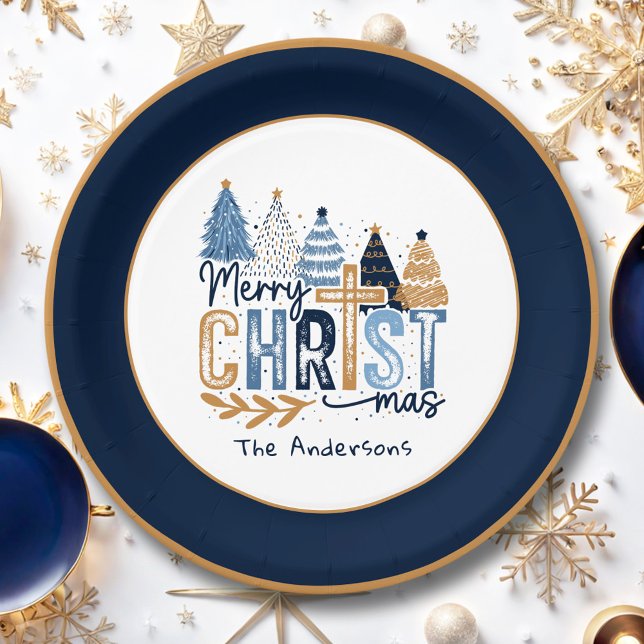 Assiettes En Carton Christian Navy Bleus Arbres Nom Noël moderne (Christian Navy Blue Trees Name Modern Christmas Paper Plates)