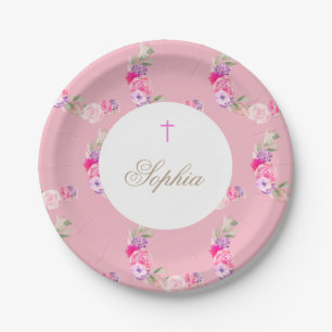 Assiettes En Carton Christine   Baptême Fille rose Fleur Fête