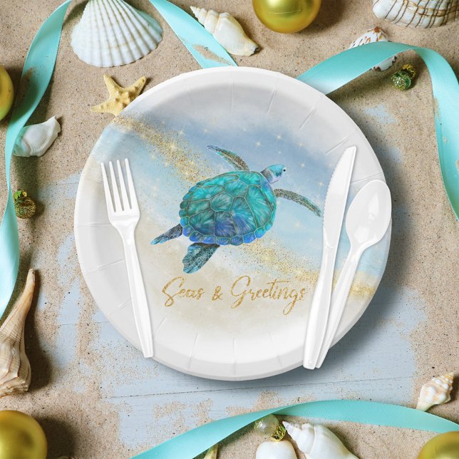 Assiettes En Carton Christmas Beach Sea Turtle Seas et salutations (Créateur téléchargé)