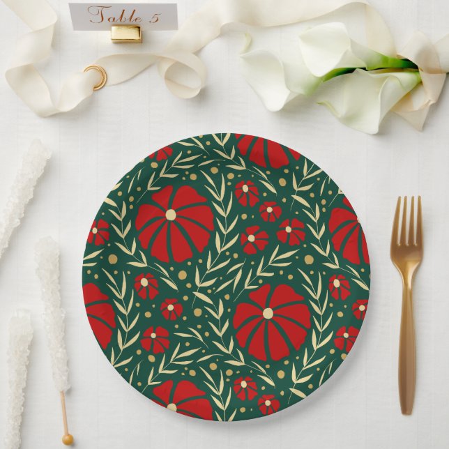 Assiettes En Carton Christmas Botanical Red and Green Florals (Mariage)