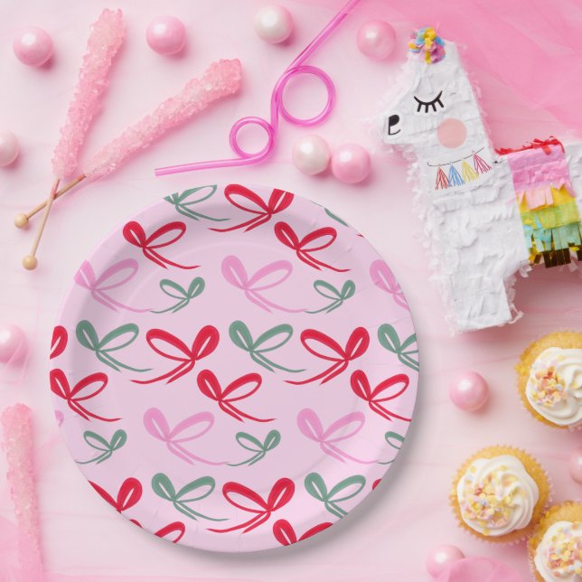 Assiettes En Carton Christmas bows green pink whimiscal hand drawn (Fête)