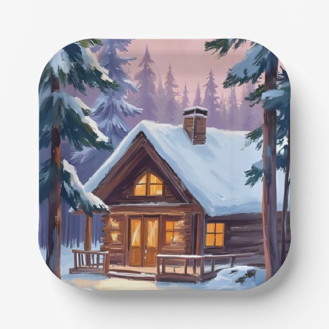 Assiettes En Carton Christmas Cabin Forest Winter Snow Holiday (Recto)