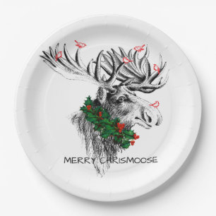 Assiettes En Carton Christmas Chrismoose Moose Birds Holly Paper Plate