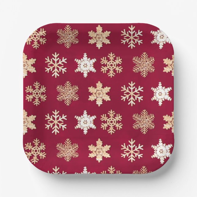 Assiettes En Carton Christmas cranberry gold snowflakes (Recto)