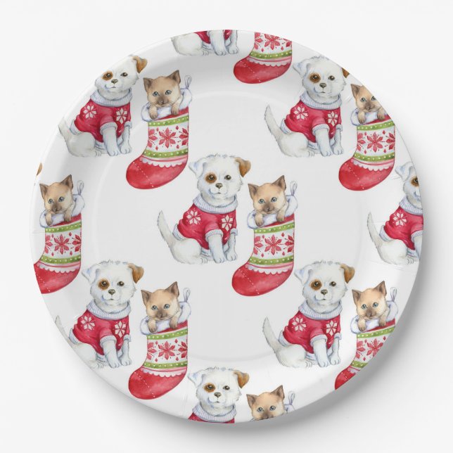 Assiettes En Carton Christmas Dog & Cat (Devant)