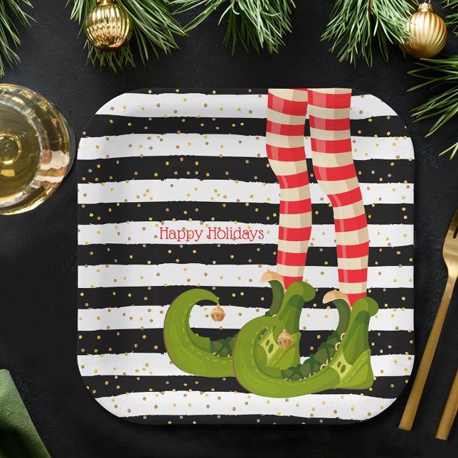 Assiettes En Carton Christmas Elf (Christmas Elf Legs on Stripes Holiday Paper Plates)
