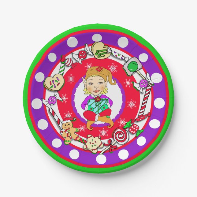 Assiettes En Carton Christmas Elf Girl Whimsical Candy Polka Dot (Devant)