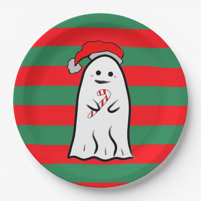 Assiettes En Carton Christmas Ghost on Red and Green Stripes (Devant)