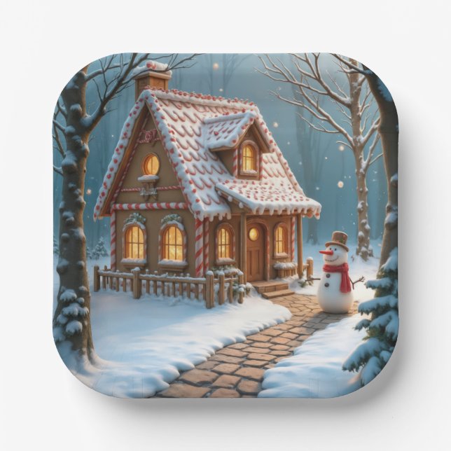 Assiettes En Carton Christmas Gingerbread House With a Snowman  (Recto)
