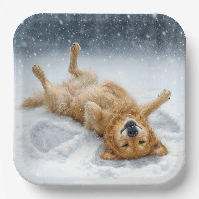 Assiettes En Carton Christmas Golden Retriever Making a Snow Angel (Recto)