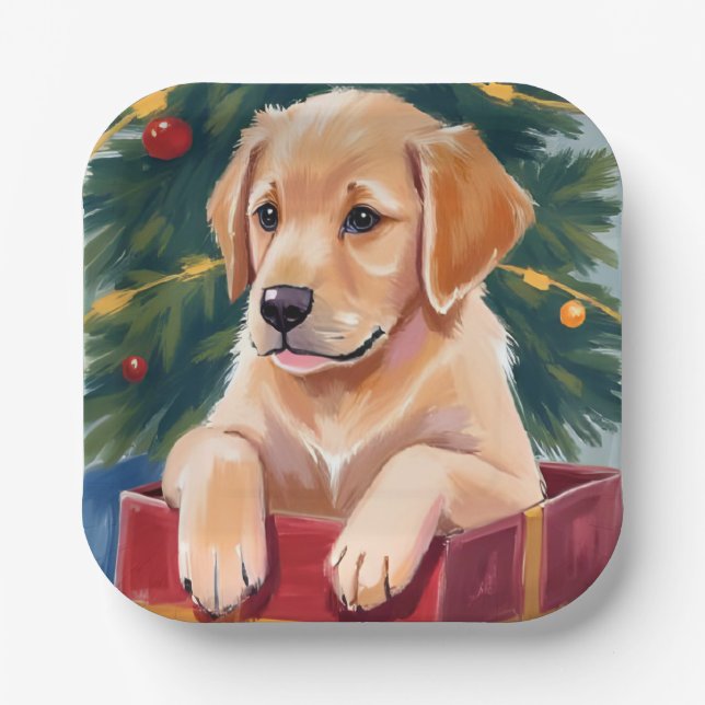 Assiettes En Carton Christmas Golden Retriever Puppy Present Holiday (Recto)