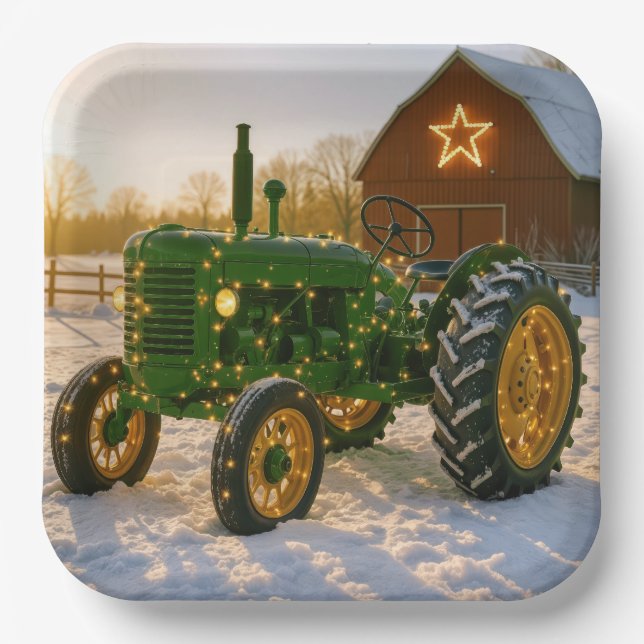 Assiettes En Carton Christmas Green Tractor With Glowing Lights (Recto)