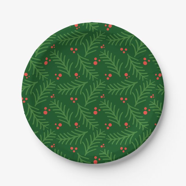 Assiettes En Carton Christmas Greenery Berries Red Green Festive Mod (Devant)