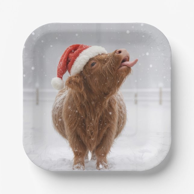 Assiettes En Carton Christmas Highland Cow Catching Snowflakes (Recto)