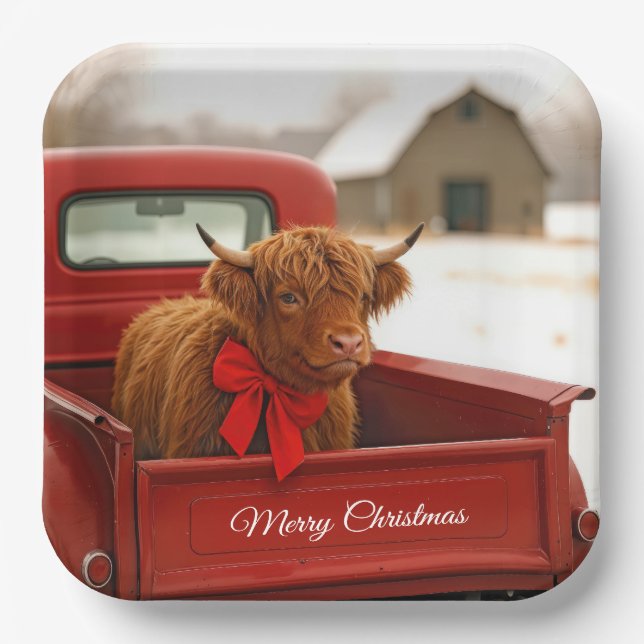Assiettes En Carton Christmas Highland Cow In Old Red Truck (Recto)