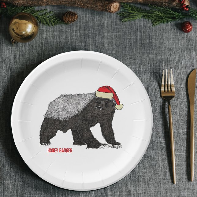 Assiettes En Carton Christmas Honey Badger (Christmas honey badger holiday paper plates funny honey badger wearing a Santa hat)
