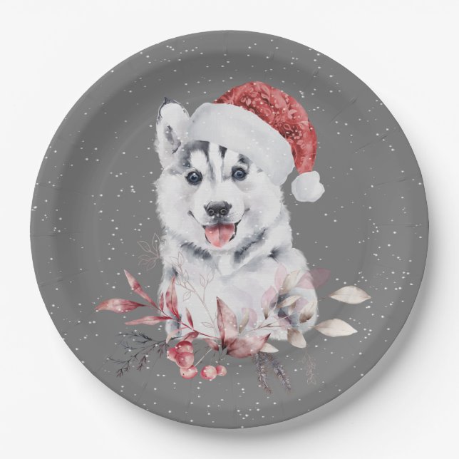 Assiettes En Carton Christmas Husky On Grey (Devant)