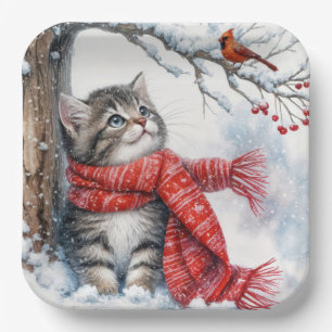 Assiettes En Carton Christmas Kitty Regarder un cardinal