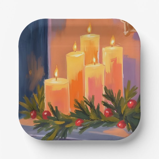 Assiettes En Carton Christmas Mantle Candles Garland Painted Holiday (Recto)