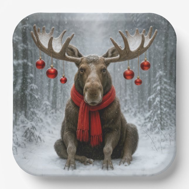 Assiettes En Carton Christmas Moose In a Snowy Forest (Recto)