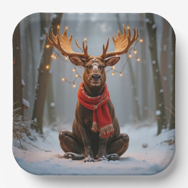 Assiettes En Carton Christmas Moose Wearing Scarf and Lights (Recto)