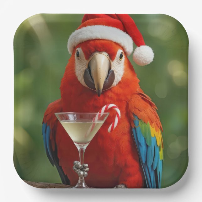 Assiettes En Carton Christmas Parrot Holding a Cocktail (Recto)