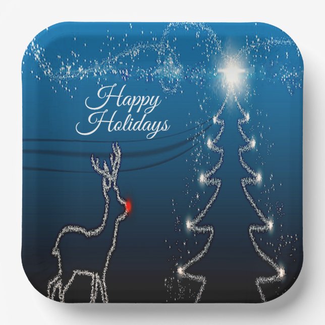 Assiettes En Carton Christmas Party Reindeer Tree Blue Sky Shiny Stars (Recto)