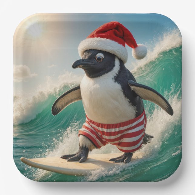 Assiettes En Carton Christmas Penguin Surfing On an Ocean Wave (Recto)