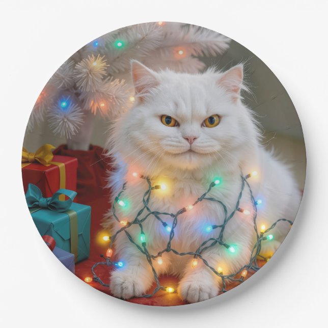 Assiettes En Carton Christmas Persian Cat Tangled in Holiday Lights (Devant)