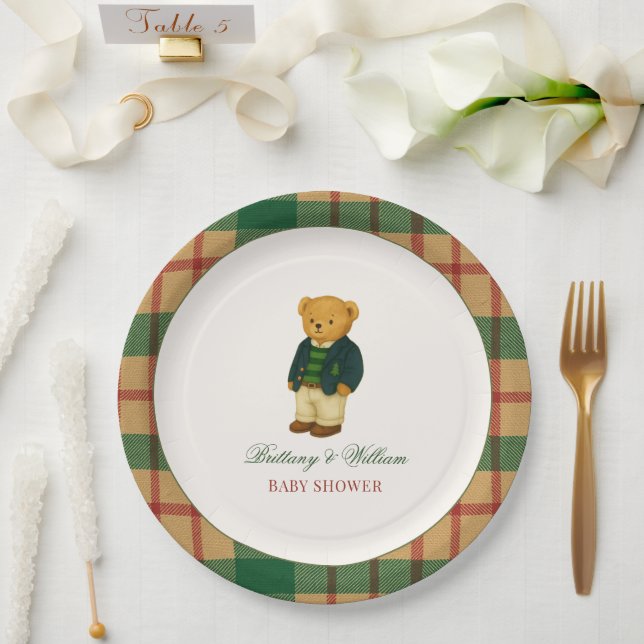 Assiettes En Carton Christmas Plaid Preppy Bear Baby Shower  (Mariage)