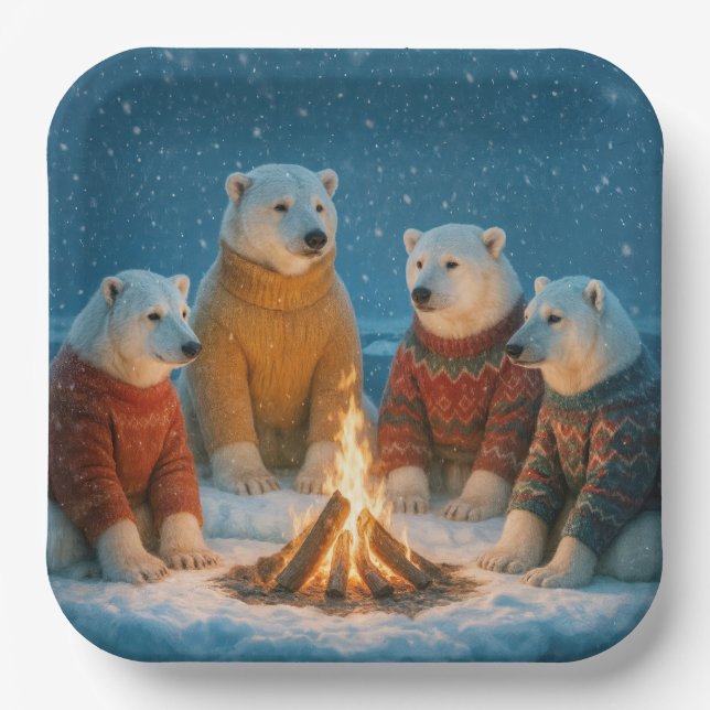 Assiettes En Carton Christmas Polar Bears Around a Bonfire (Recto)
