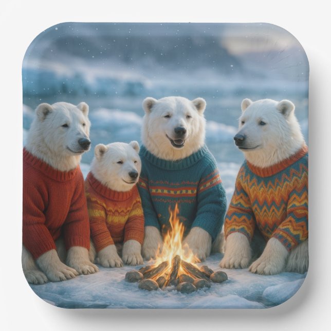 Assiettes En Carton Christmas Polar Bears Around a Bonfire (Recto)