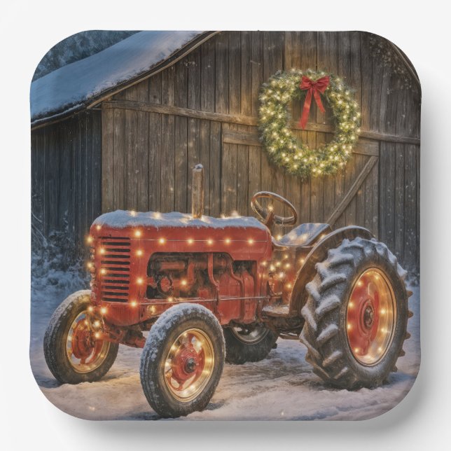 Assiettes En Carton Christmas Red Farm Tractor With Glowing Wreath (Recto)