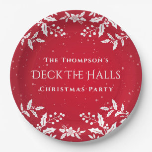 Assiettes En Carton Christmas Red & White-Holly - Deck-The-Halls Party