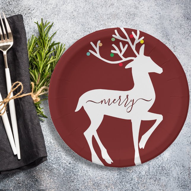 Assiettes En Carton Christmas Reindeer Joyeux Bourgogne (Christmas Reindeer Merry Burgundy Paper Plates)