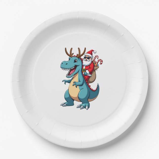 Assiettes En Carton Christmas Santa Riding Dinosaur Deer Xmas (1) (Devant)