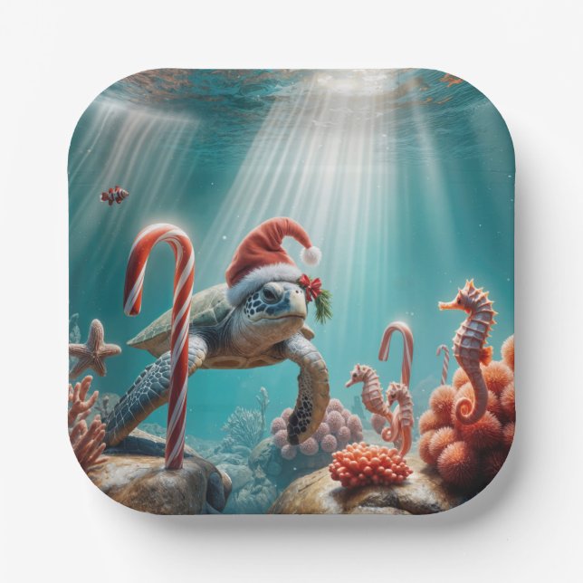 Assiettes En Carton Christmas Sea Turtle With Candy Canes (Recto)