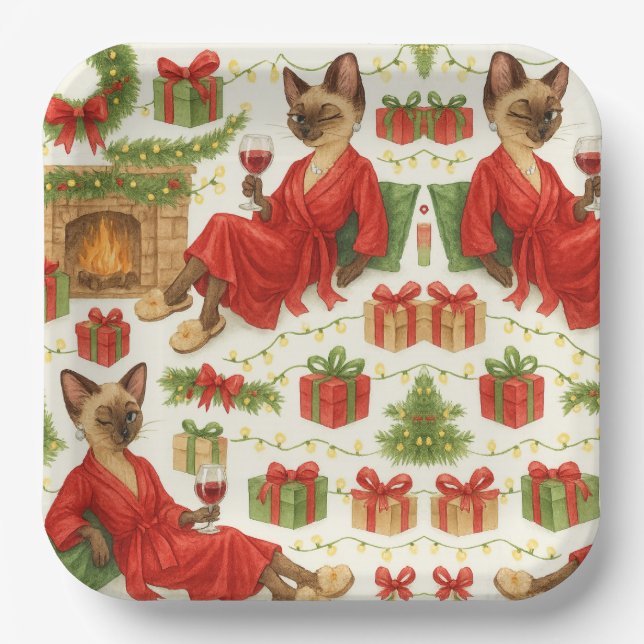 Assiettes En Carton Christmas Siamese Cat is celebrating at home (Recto)