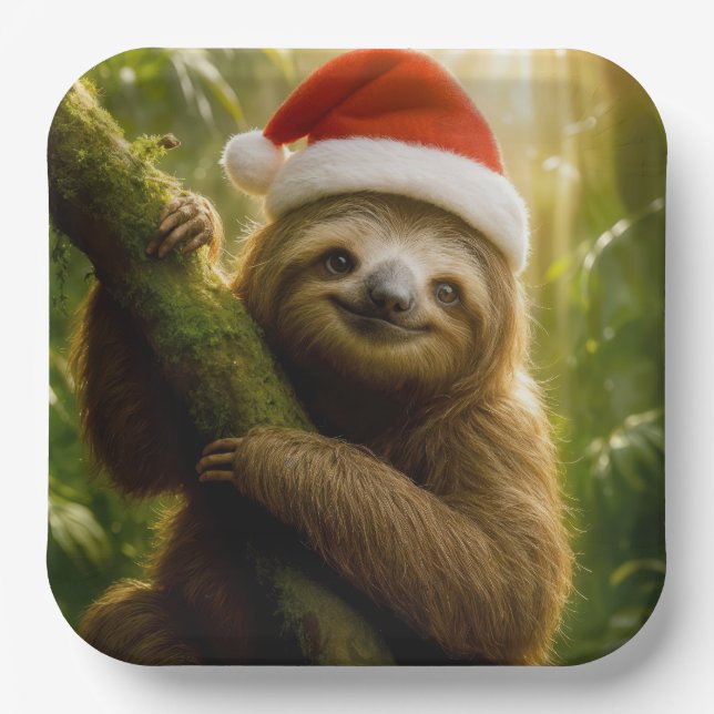 Assiettes En Carton Christmas Sloth Wearing a Santa Hat (Recto)