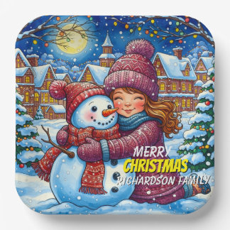 Assiettes En Carton Christmas Snowman And A Girl