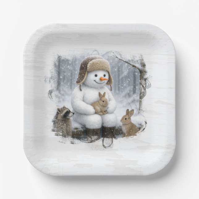 Assiettes En Carton Christmas Snowman With Friends In Winter Woods (Recto)
