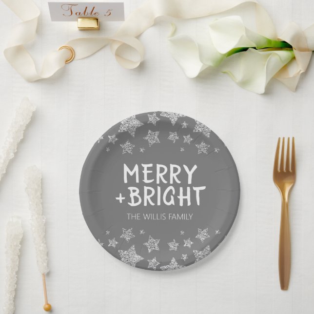 Assiettes En Carton Christmas Sparkle Stars Joyeux Nom de famille (Mariage)