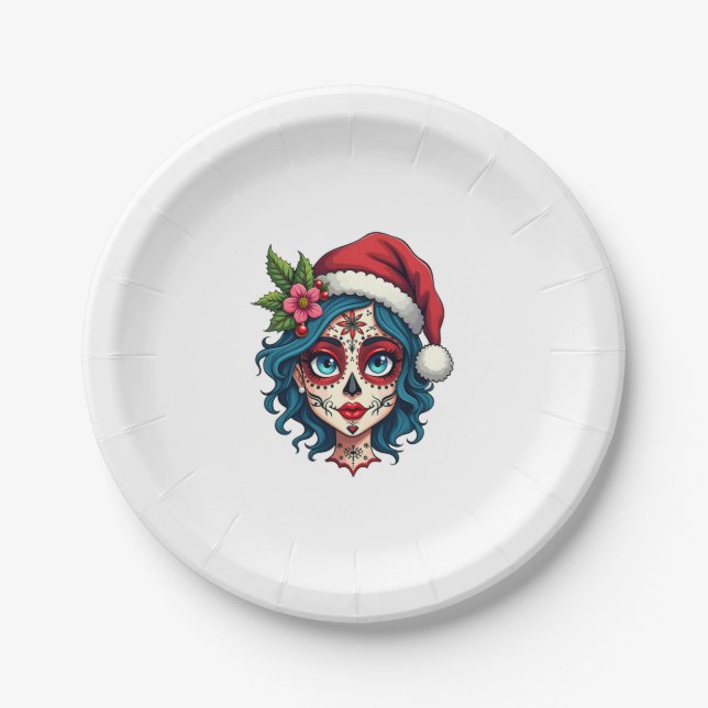 Assiettes En Carton Christmas Sugar Skull Art Woman Santa Hat Festive  (Devant)