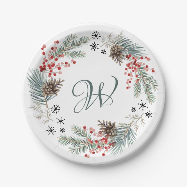 Assiettes En Carton Christmas Wreath Pine Berry Snowflakes Monogram (Devant)