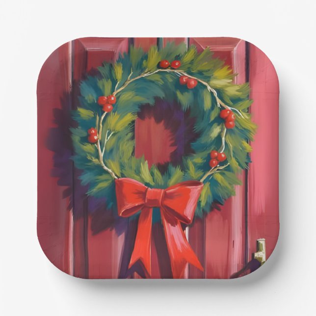 Assiettes En Carton Christmas Wreath Red Door Watercolor (Recto)